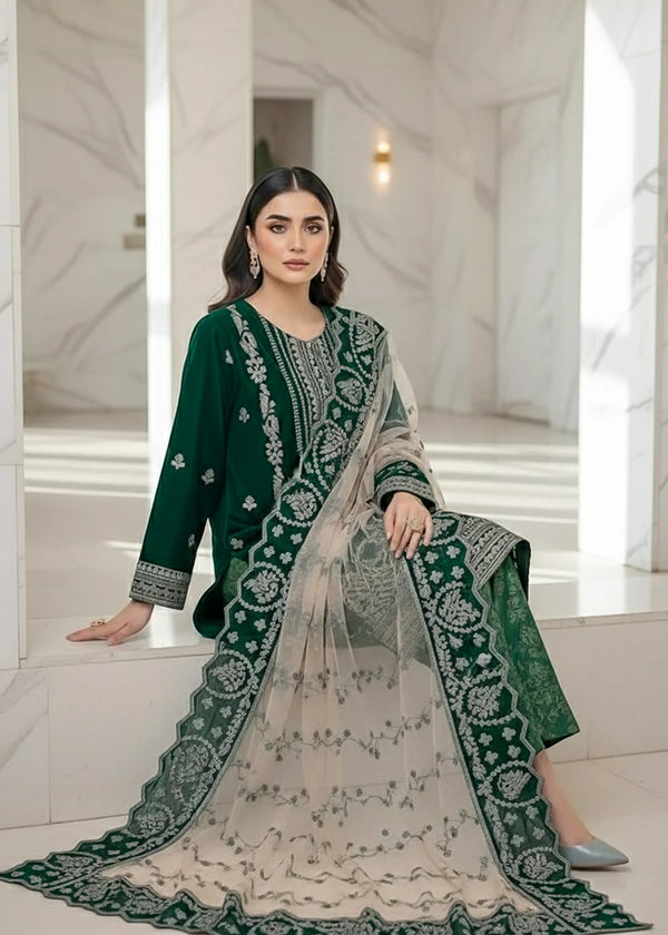 Classic Dark Green Velvet Embroidered Ensemble