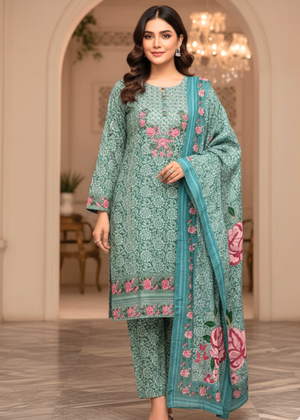 PASTEL Green Breeze – 3PC Embroidered Winter Cotton Set with Marina Shawl