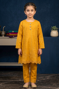 Deep Amber Yellow Embroidered Cotton Jacquard Short Kurta for Girls
