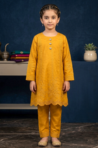Deep Amber Yellow Embroidered Cotton Jacquard Short Kurta for Girls