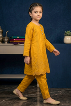 Deep Amber Yellow Embroidered Cotton Jacquard Short Kurta for Girls