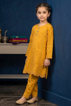 Deep Amber Yellow Embroidered Cotton Jacquard Short Kurta for Girls