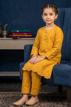 Deep Amber Yellow Embroidered Cotton Jacquard Short Kurta for Girls