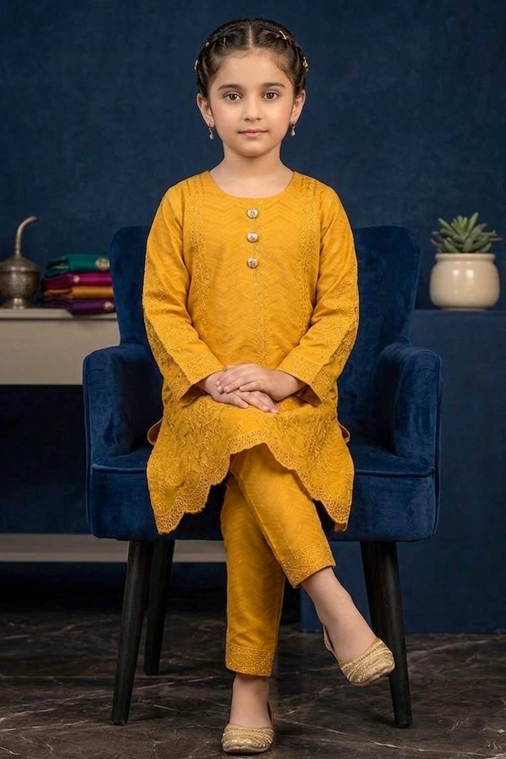 Deep Amber Yellow Embroidered Cotton Jacquard Short Kurta for Girls
