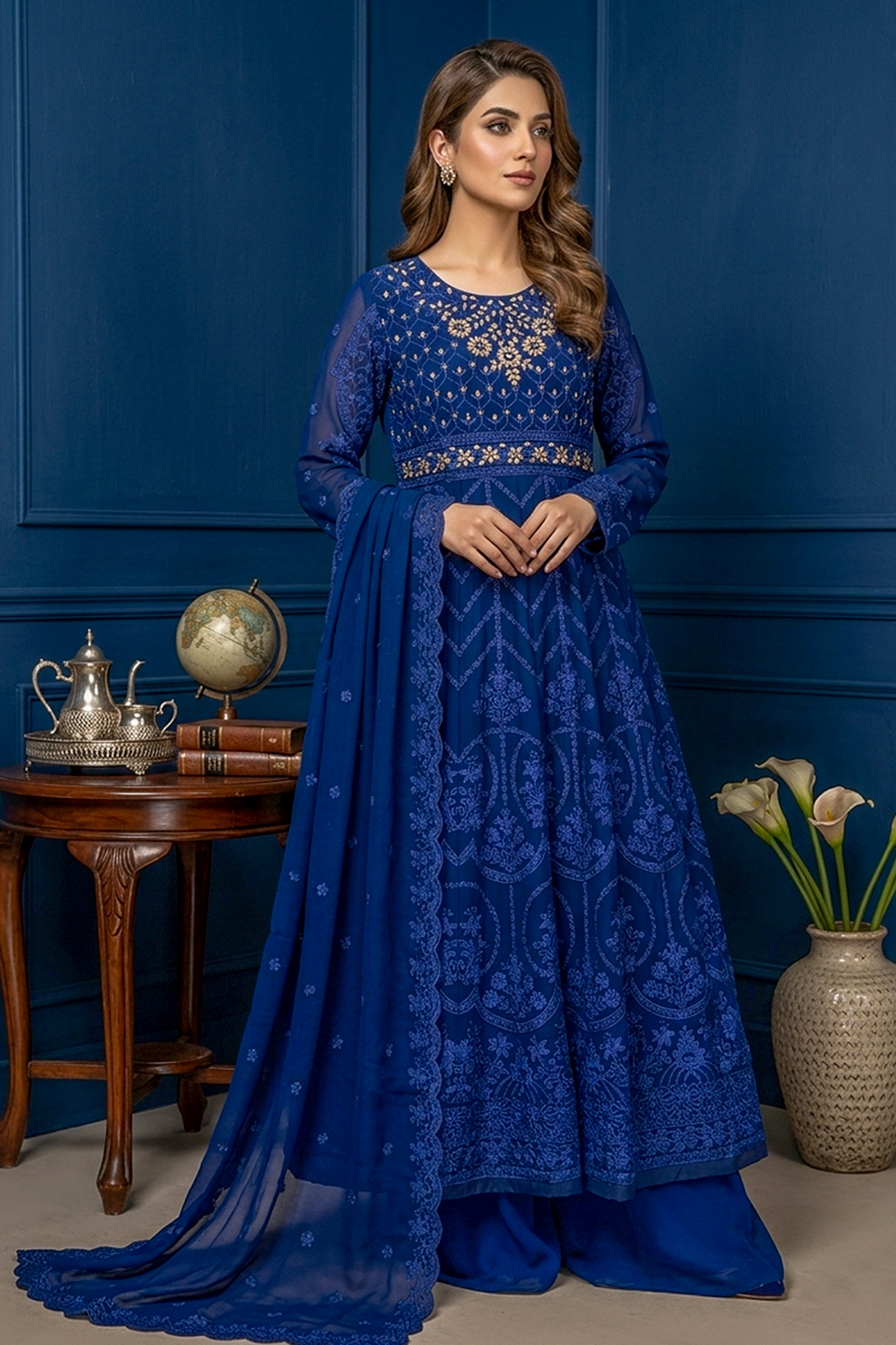 Sapphire Blue Luxury Embroidered Formal Maxi Dress with Embroidered Dupatta & Trouser