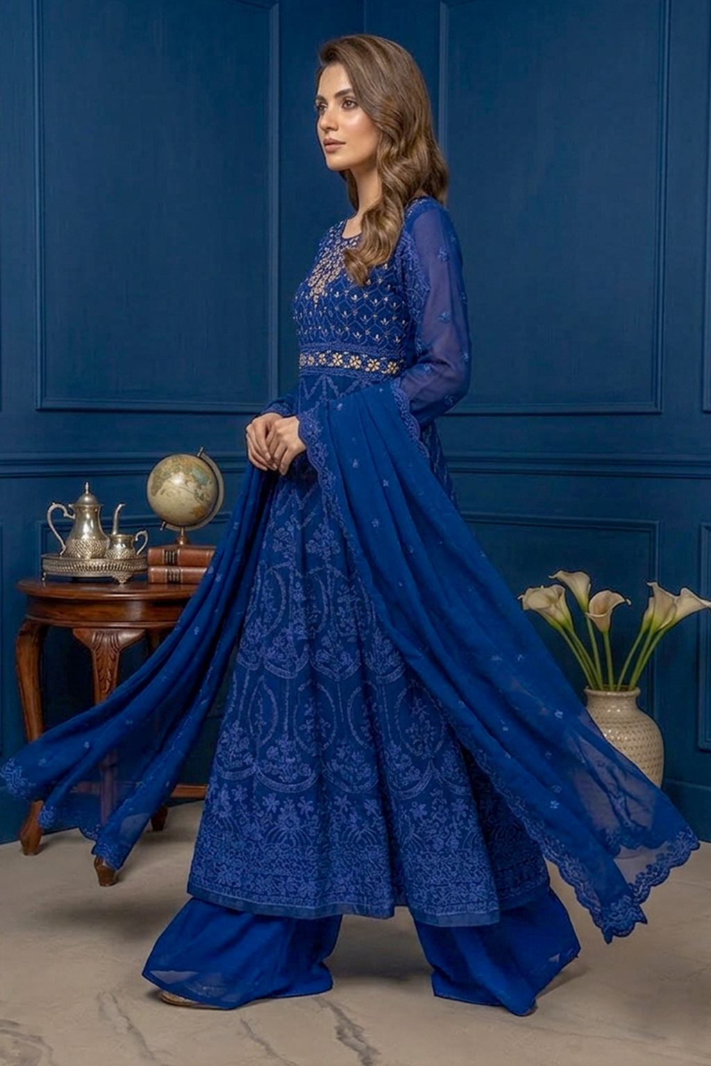Sapphire Blue Luxury Embroidered Formal Maxi Dress with Embroidered Dupatta & Trouser