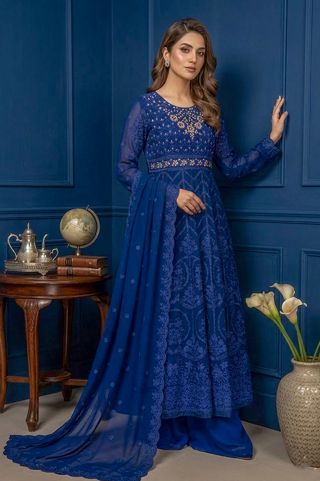 Sapphire Blue Luxury Embroidered Formal Maxi Dress with Embroidered Dupatta & Trouser