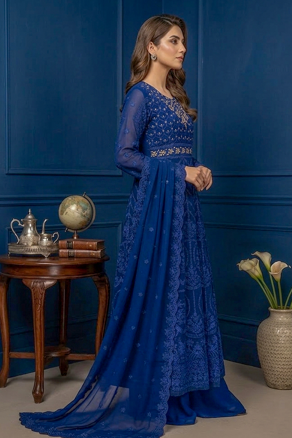 Sapphire Blue Luxury Embroidered Formal Maxi Dress with Embroidered Dupatta & Trouser