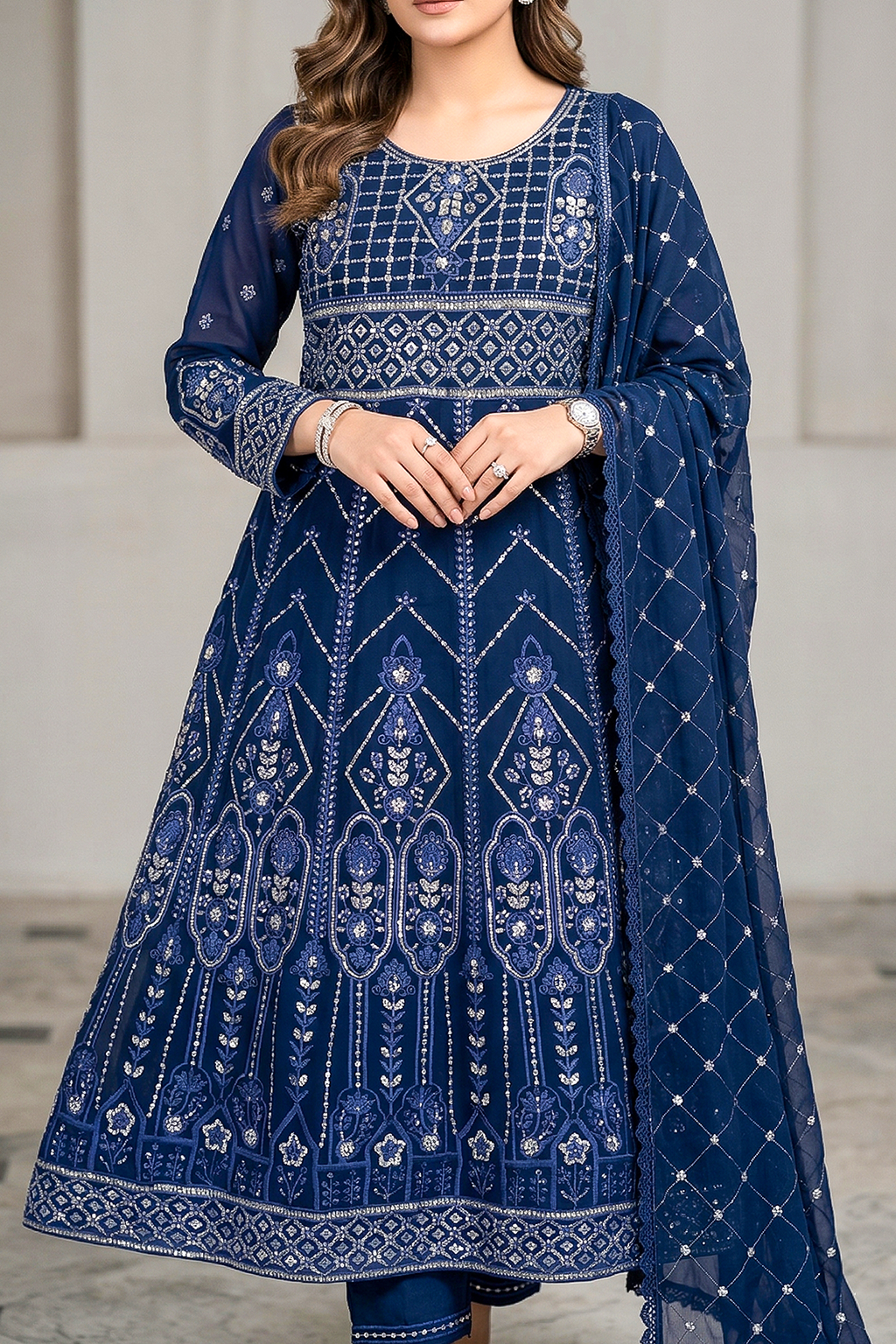 Navy Blue Luxury Embroidered Formal Maxi Dress with Embroidered Dupatta & Trouser