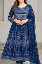 Navy Blue Luxury Embroidered Formal Maxi Dress with Embroidered Dupatta & Trouser