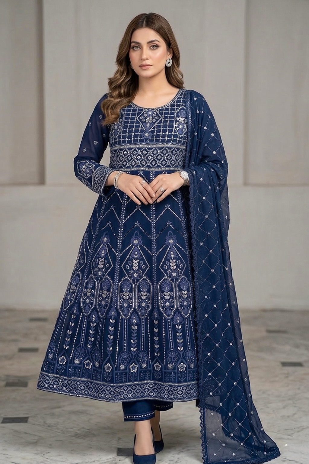 Navy Blue Luxury Embroidered Formal Maxi Dress with Embroidered Dupatta & Trouser