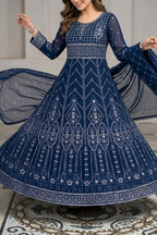 Navy Blue Luxury Embroidered Formal Maxi Dress with Embroidered Dupatta & Trouser
