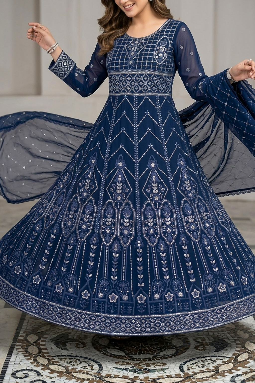 Navy Blue Luxury Embroidered Formal Maxi Dress with Embroidered Dupatta & Trouser
