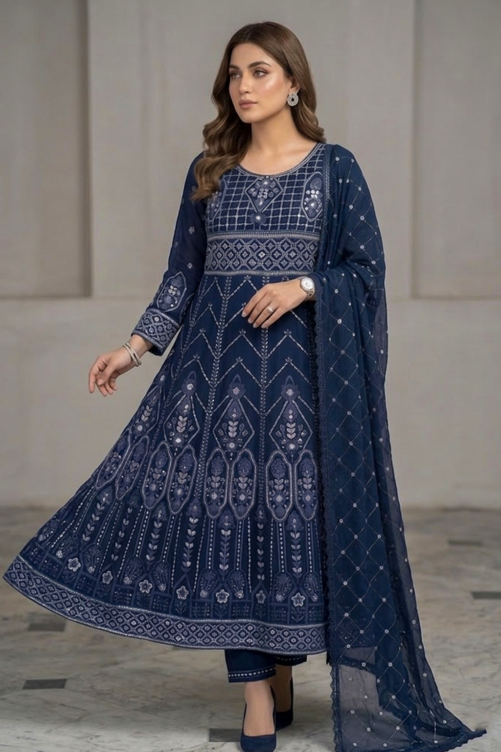 Navy Blue Luxury Embroidered Formal Maxi Dress with Embroidered Dupatta & Trouser