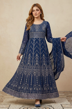 Navy Blue Luxury Embroidered Formal Maxi Dress with Embroidered Dupatta & Trouser