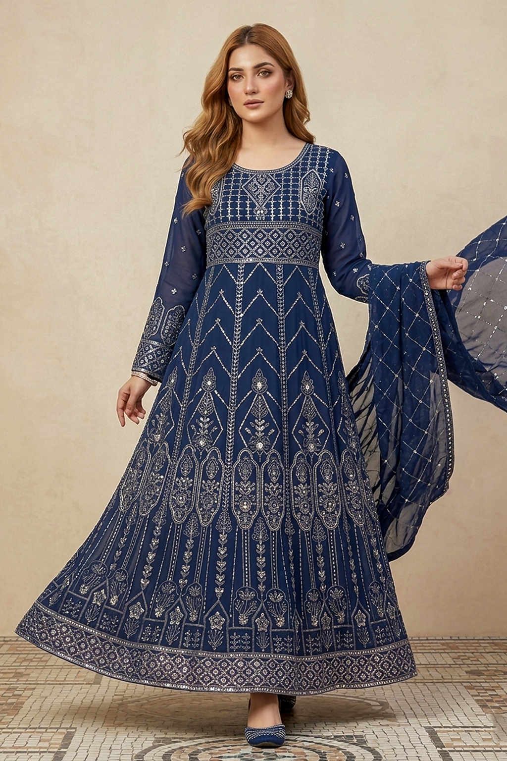 Navy Blue Luxury Embroidered Formal Maxi Dress with Embroidered Dupatta & Trouser