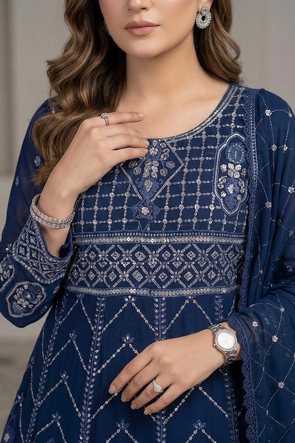 Navy Blue Luxury Embroidered Formal Maxi Dress with Embroidered Dupatta & Trouser
