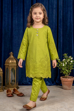 Yellow Green Embroidered Cotton Jacquard Short Kurta for Girls