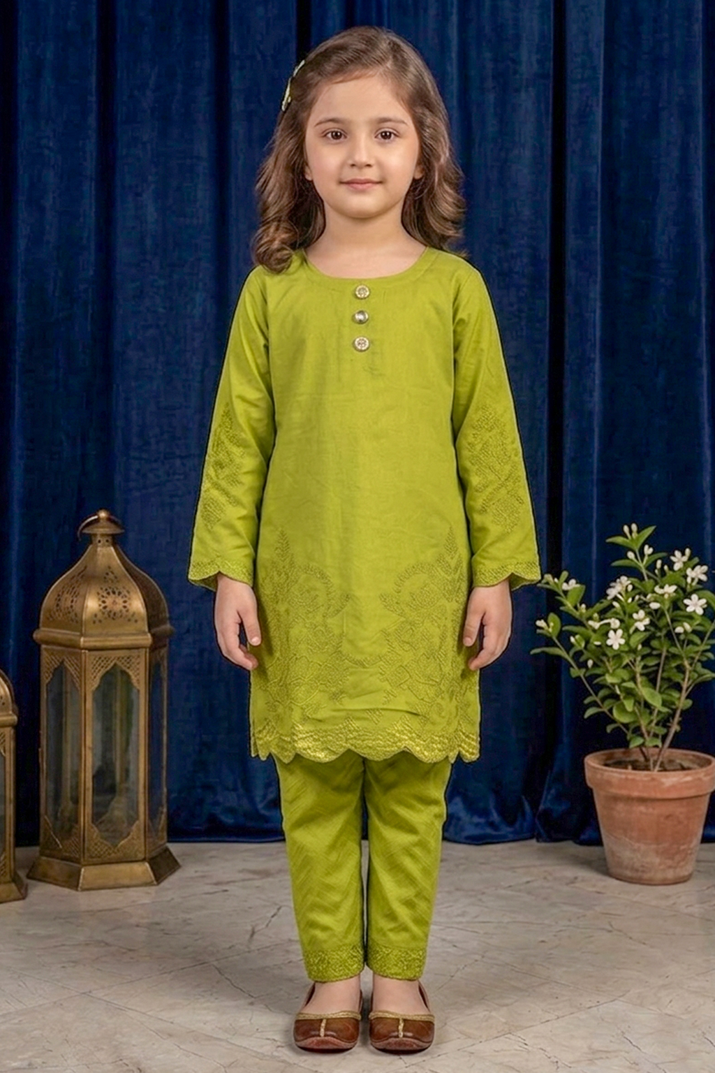 Yellow Green Embroidered Cotton Jacquard Short Kurta for Girls