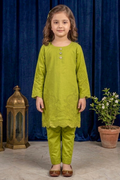 Yellow Green Embroidered Cotton Jacquard Short Kurta for Girls