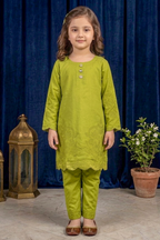 Yellow Green Embroidered Cotton Jacquard Short Kurta for Girls
