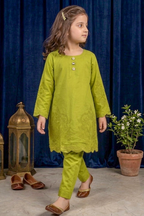 Yellow Green Embroidered Cotton Jacquard Short Kurta for Girls