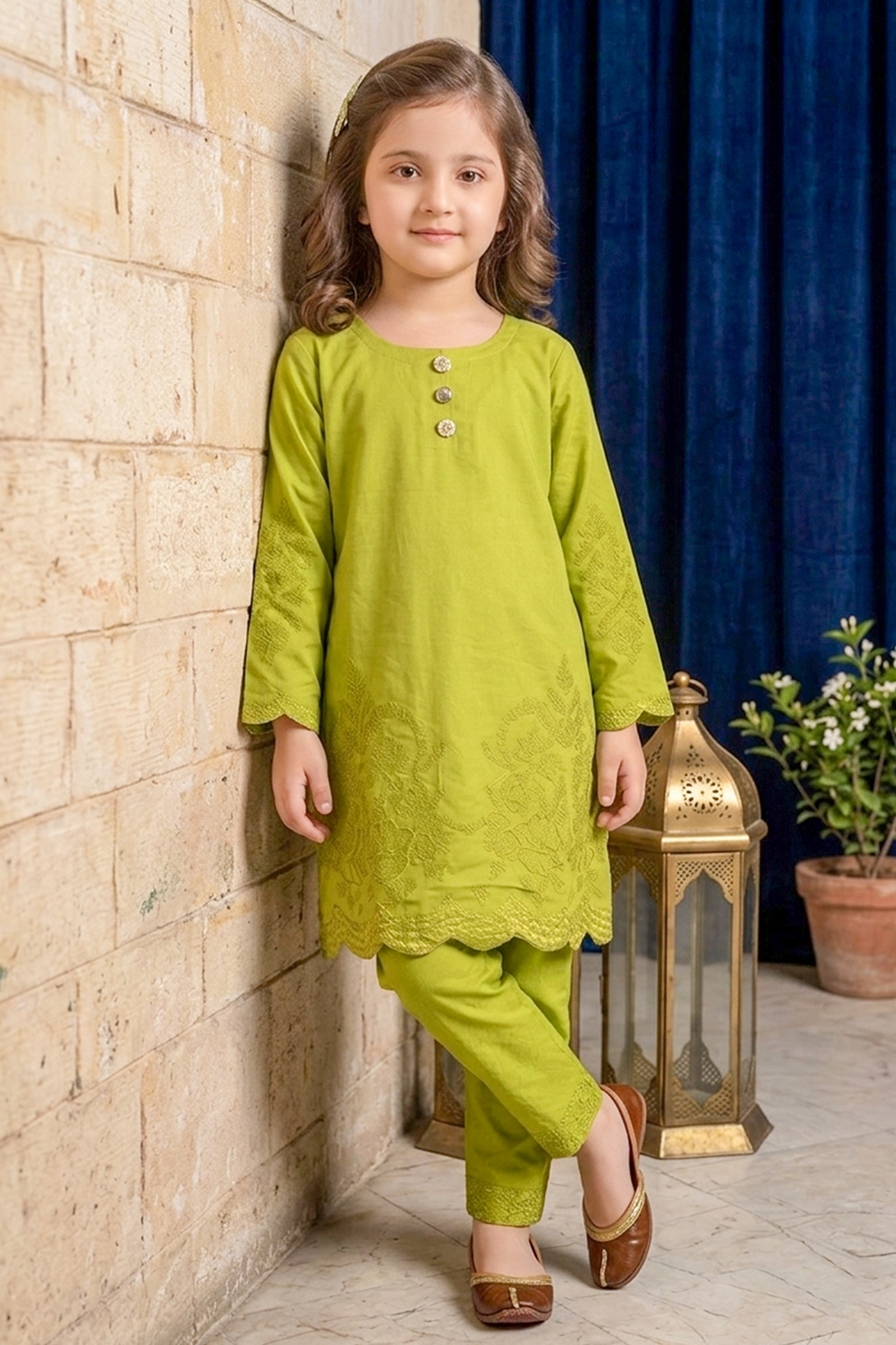 Yellow Green Embroidered Cotton Jacquard Short Kurta for Girls