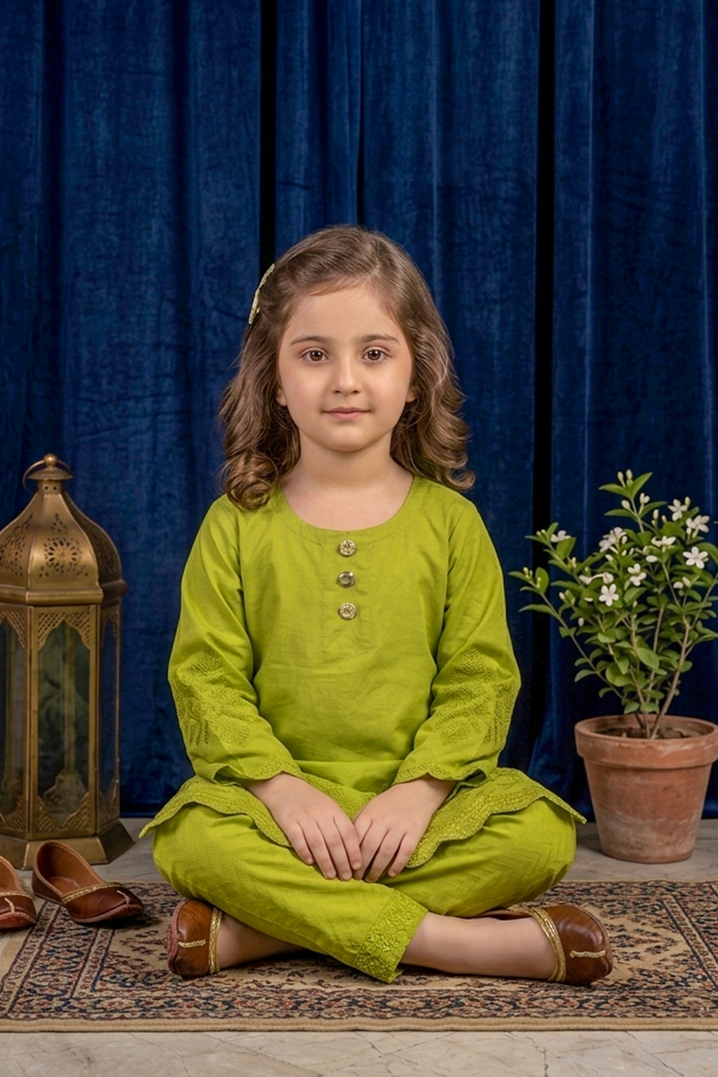 Yellow Green Embroidered Cotton Jacquard Short Kurta for Girls