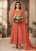 Coral Orange  Embroidered Chiffon Maxi 3PC – Sequin Work Formal Dress Set