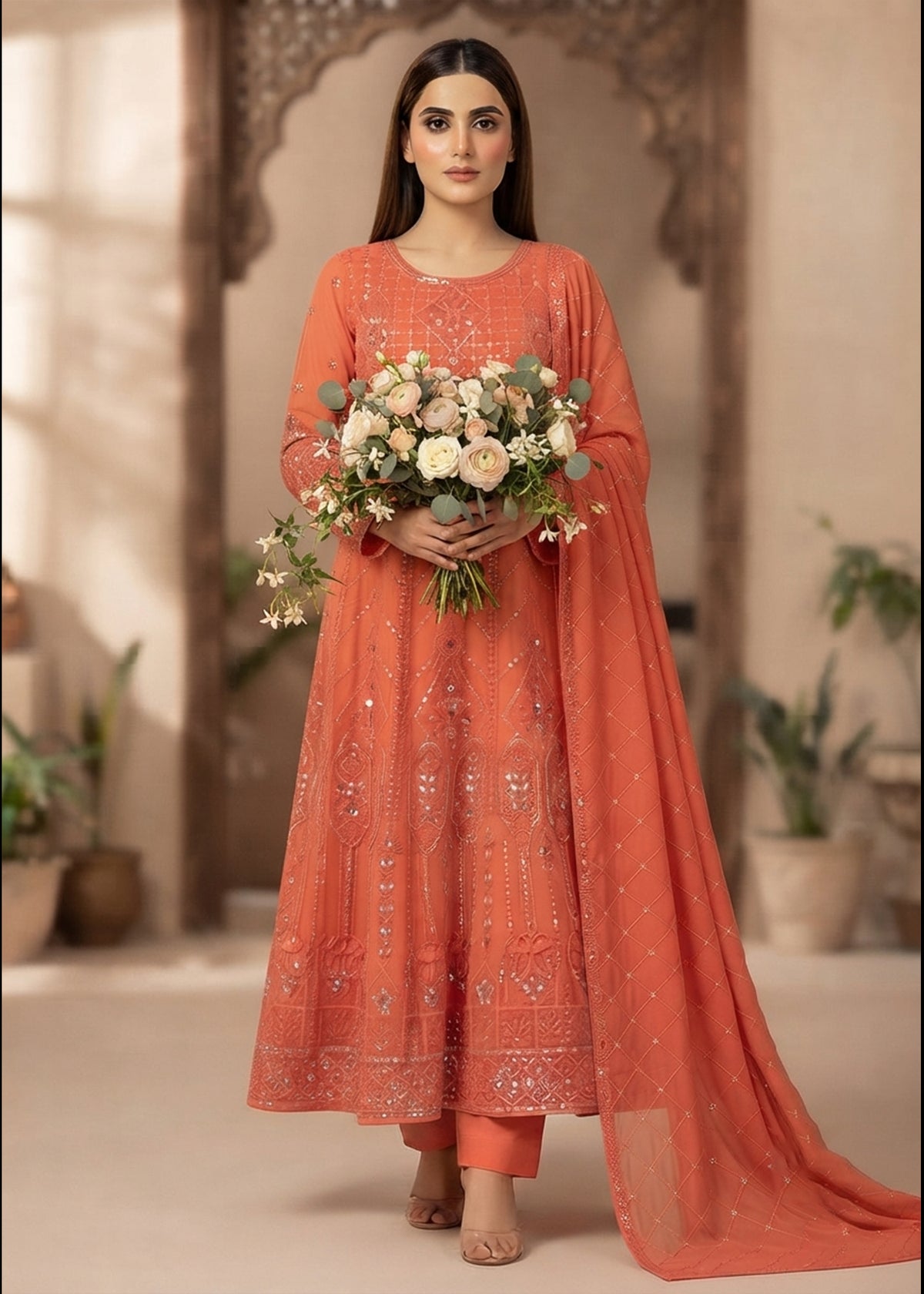 Coral Orange  Embroidered Chiffon Maxi 3PC – Sequin Work Formal Dress Set
