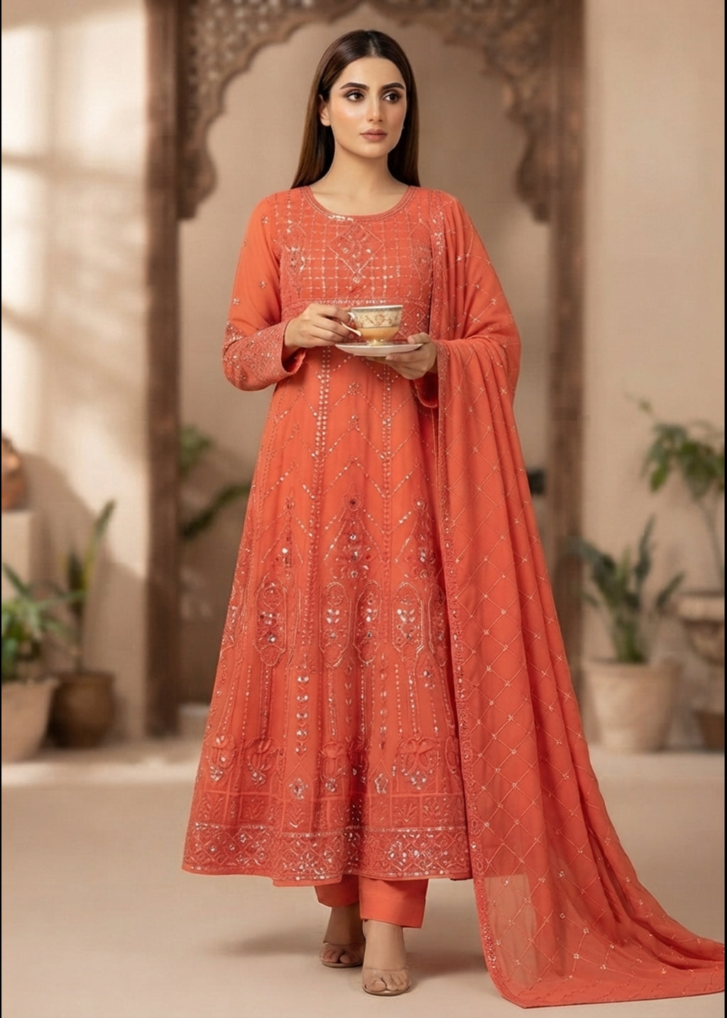 Coral Orange  Embroidered Chiffon Maxi 3PC – Sequin Work Formal Dress Set