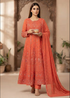 Coral Orange  Embroidered Chiffon Maxi 3PC – Sequin Work Formal Dress Set