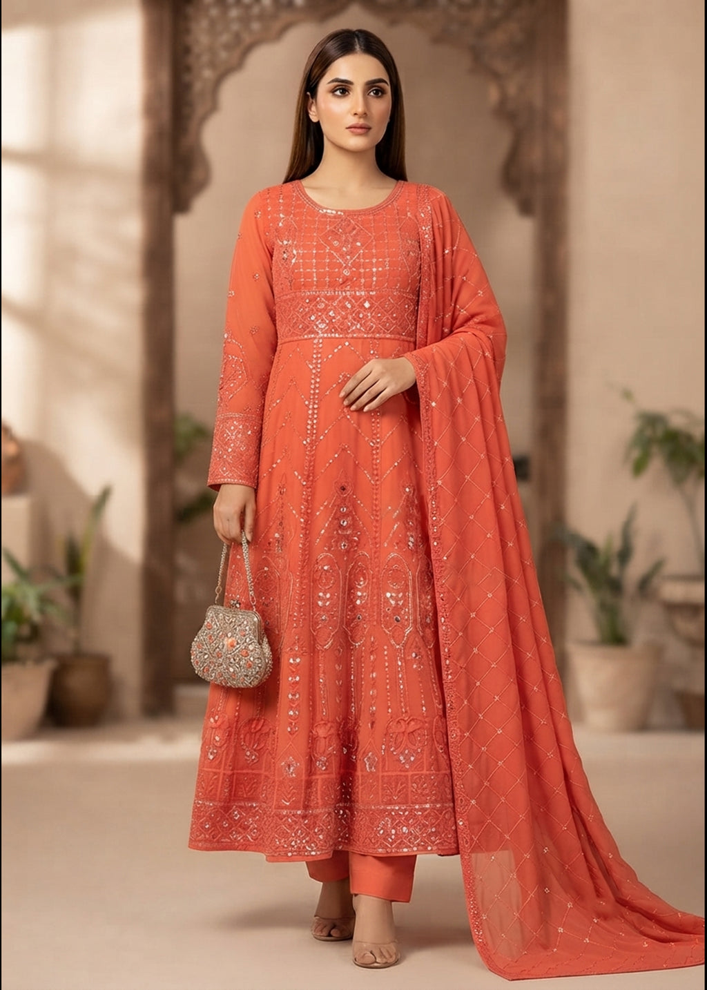 Coral Orange  Embroidered Chiffon Maxi 3PC – Sequin Work Formal Dress Set