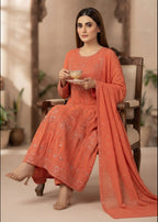 Coral Orange  Embroidered Chiffon Maxi 3PC – Sequin Work Formal Dress Set