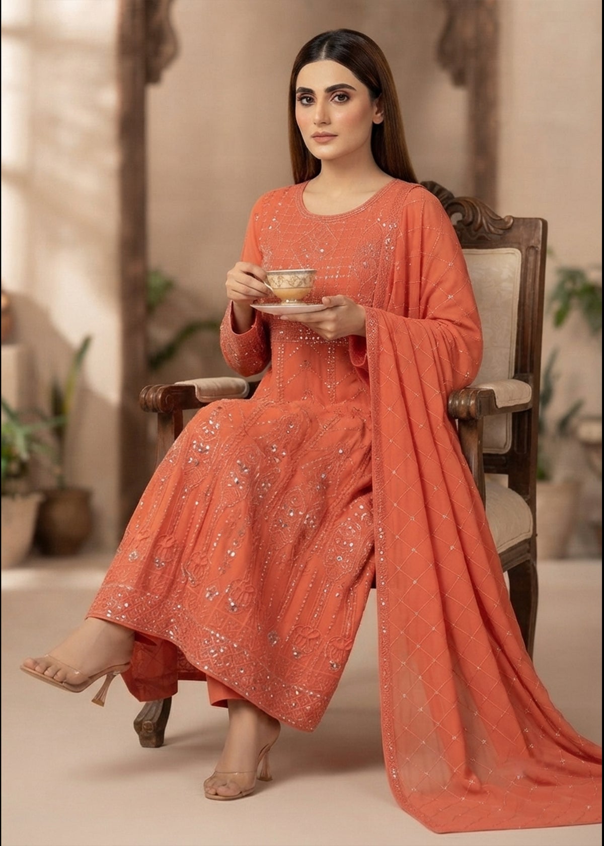 Coral Orange  Embroidered Chiffon Maxi 3PC – Sequin Work Formal Dress Set