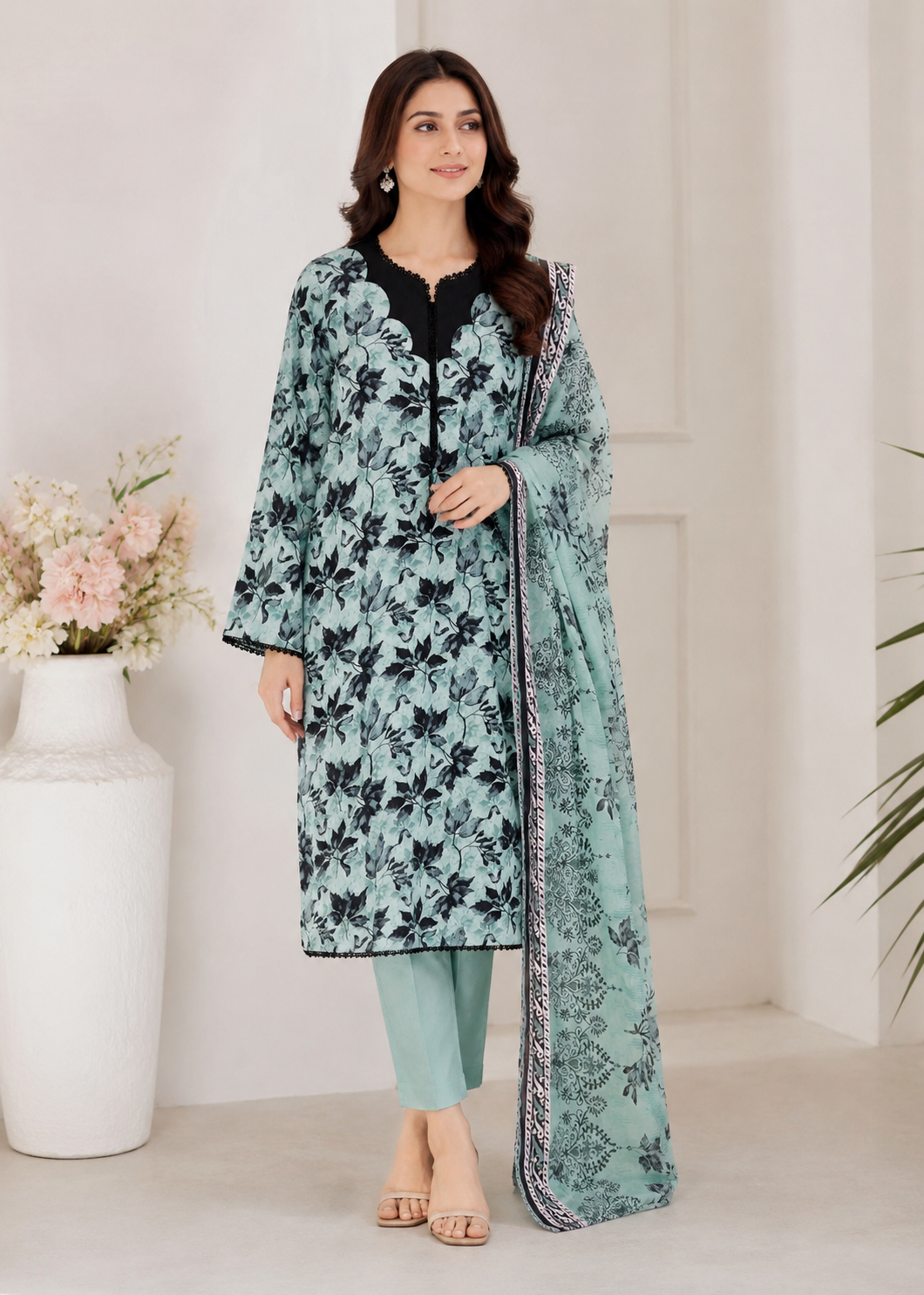 Mint Green Printed Lawn Kurta Set with Dupatta