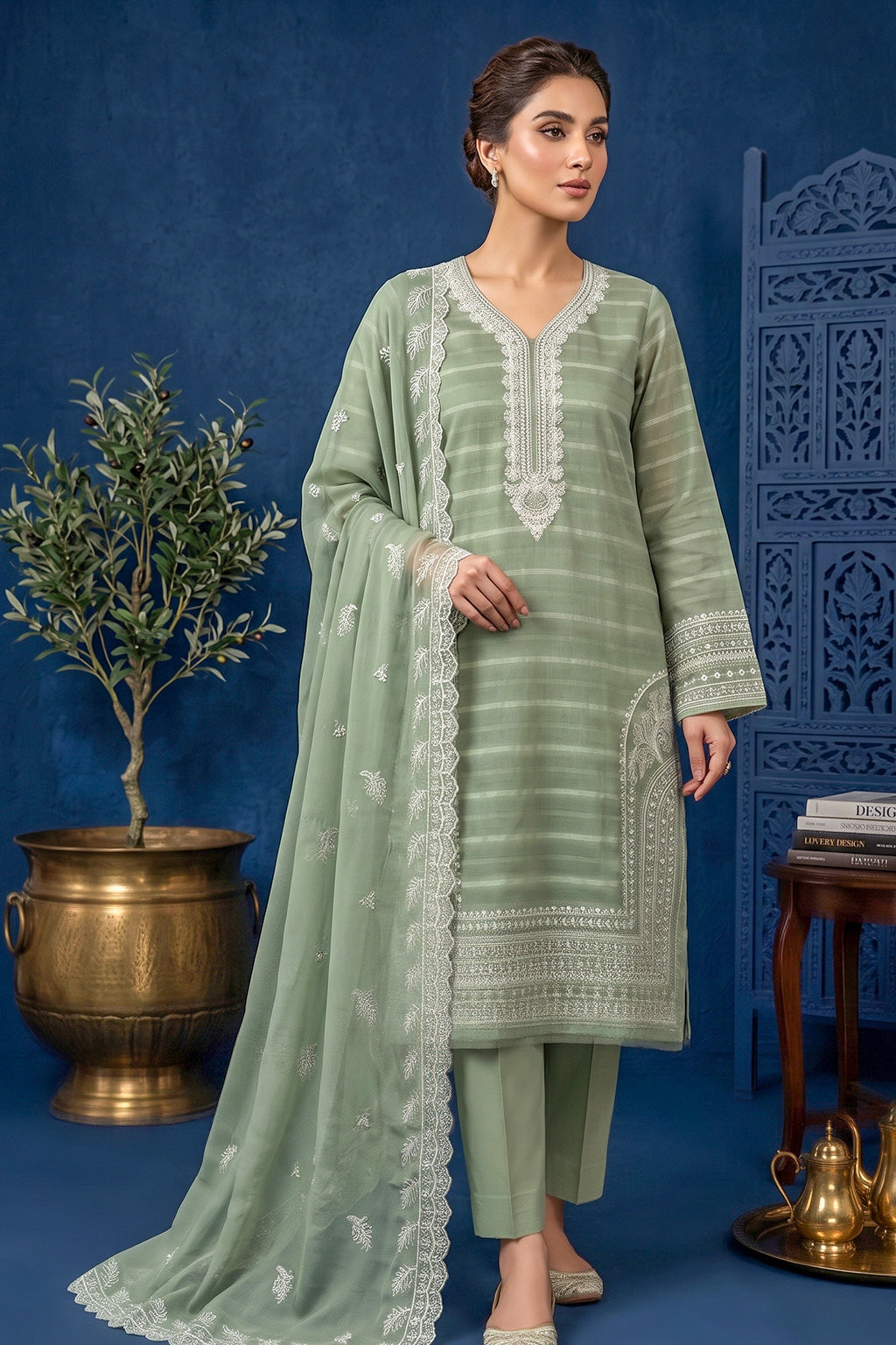 Soft Sage Green – Premium Unstitched Embroidered Lawn 3PC Dress with Chiffon Dupatta