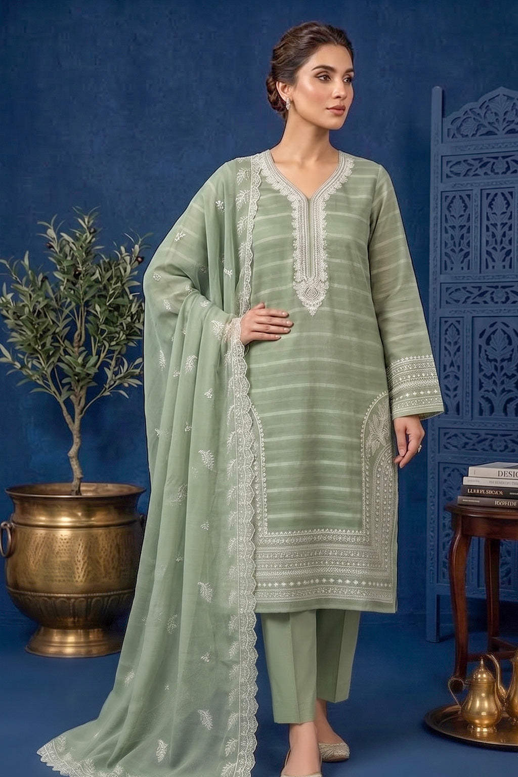 Soft Sage Green – Premium Unstitched Embroidered Lawn 3PC Dress with Chiffon Dupatta