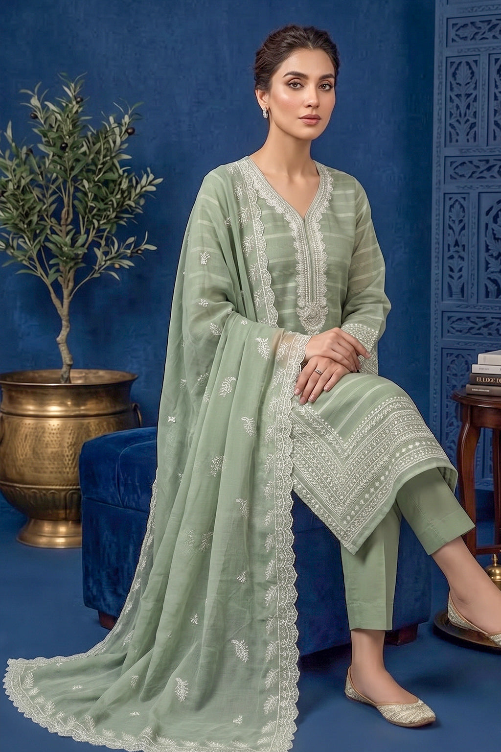 Soft Sage Green – Premium Unstitched Embroidered Lawn 3PC Dress with Chiffon Dupatta