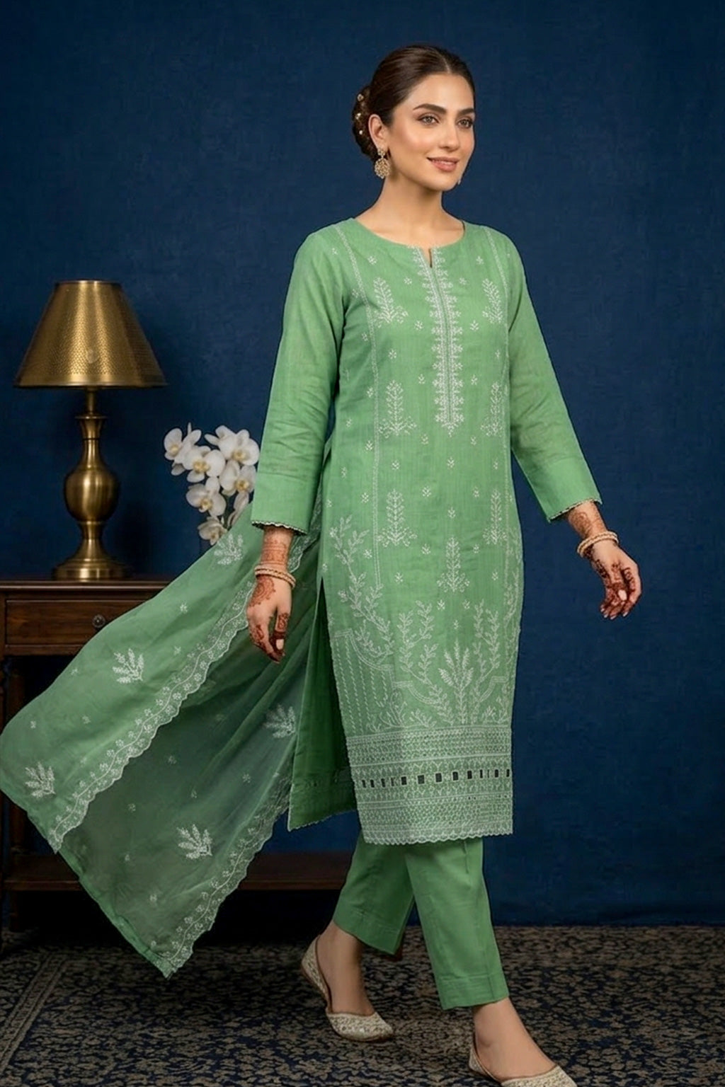 Pale Mint Green – Premium Unstitched Embroidered Lawn 3PC Dress with Chiffon Dupatta