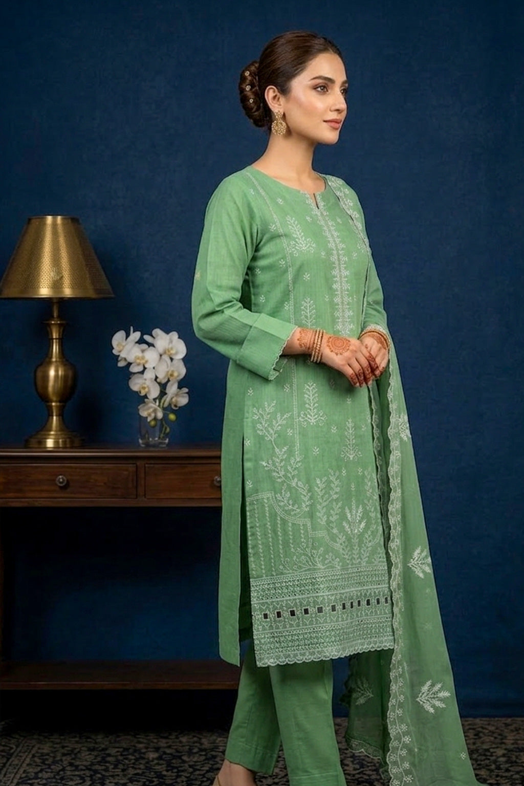 Pale Mint Green – Premium Unstitched Embroidered Lawn 3PC Dress with Chiffon Dupatta