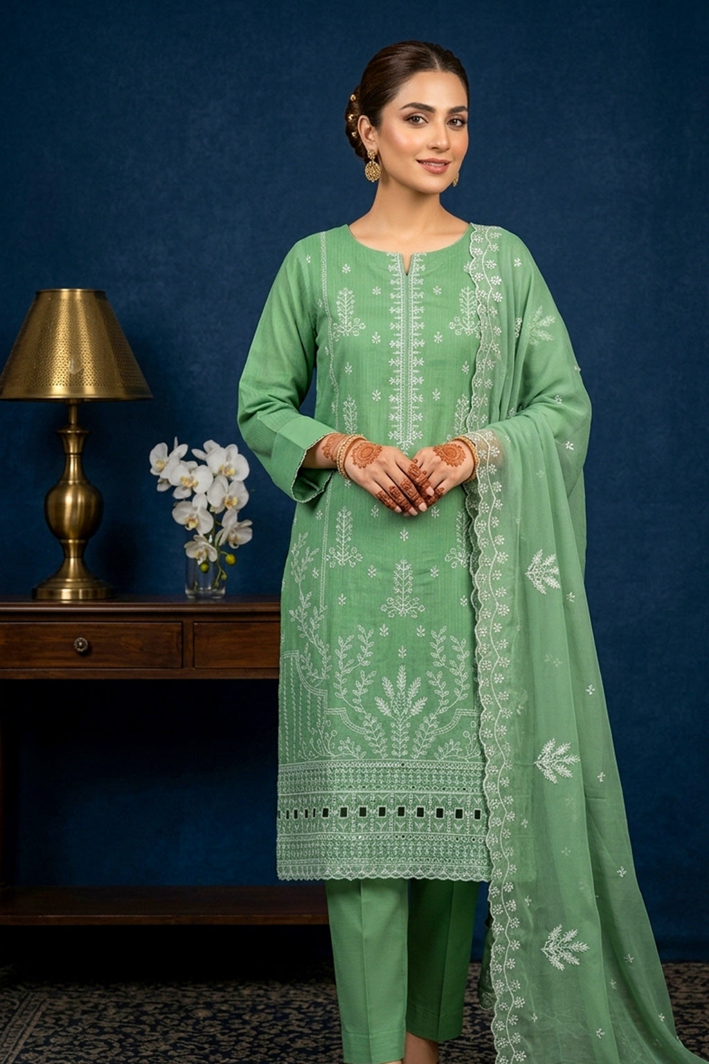 Pale Mint Green – Premium Unstitched Embroidered Lawn 3PC Dress with Chiffon Dupatta