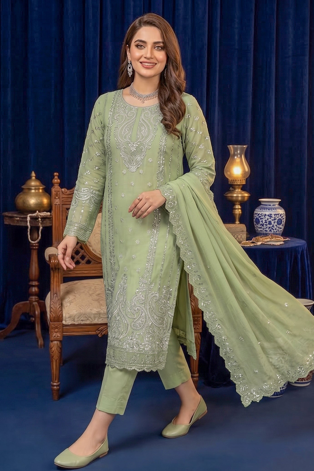 Sage Green Occasion Edit Luxury Embroidered Chiffon 3PC Kurta Set