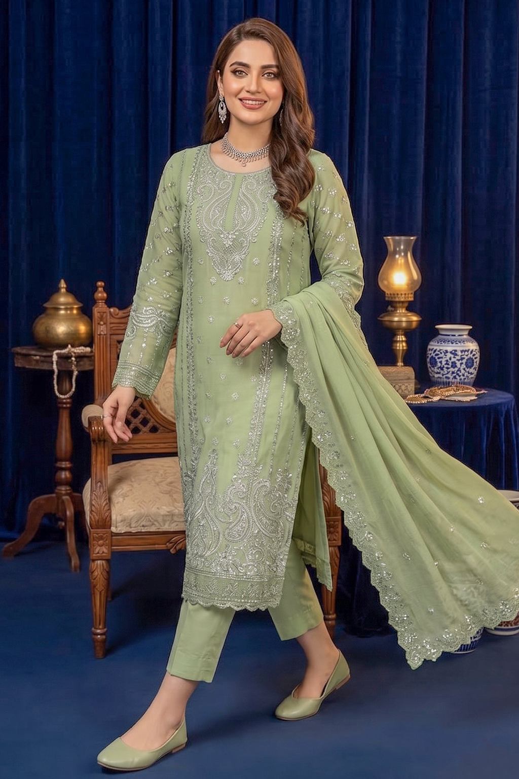 Sage Green Occasion Edit Luxury Embroidered Chiffon 3PC Kurta Set
