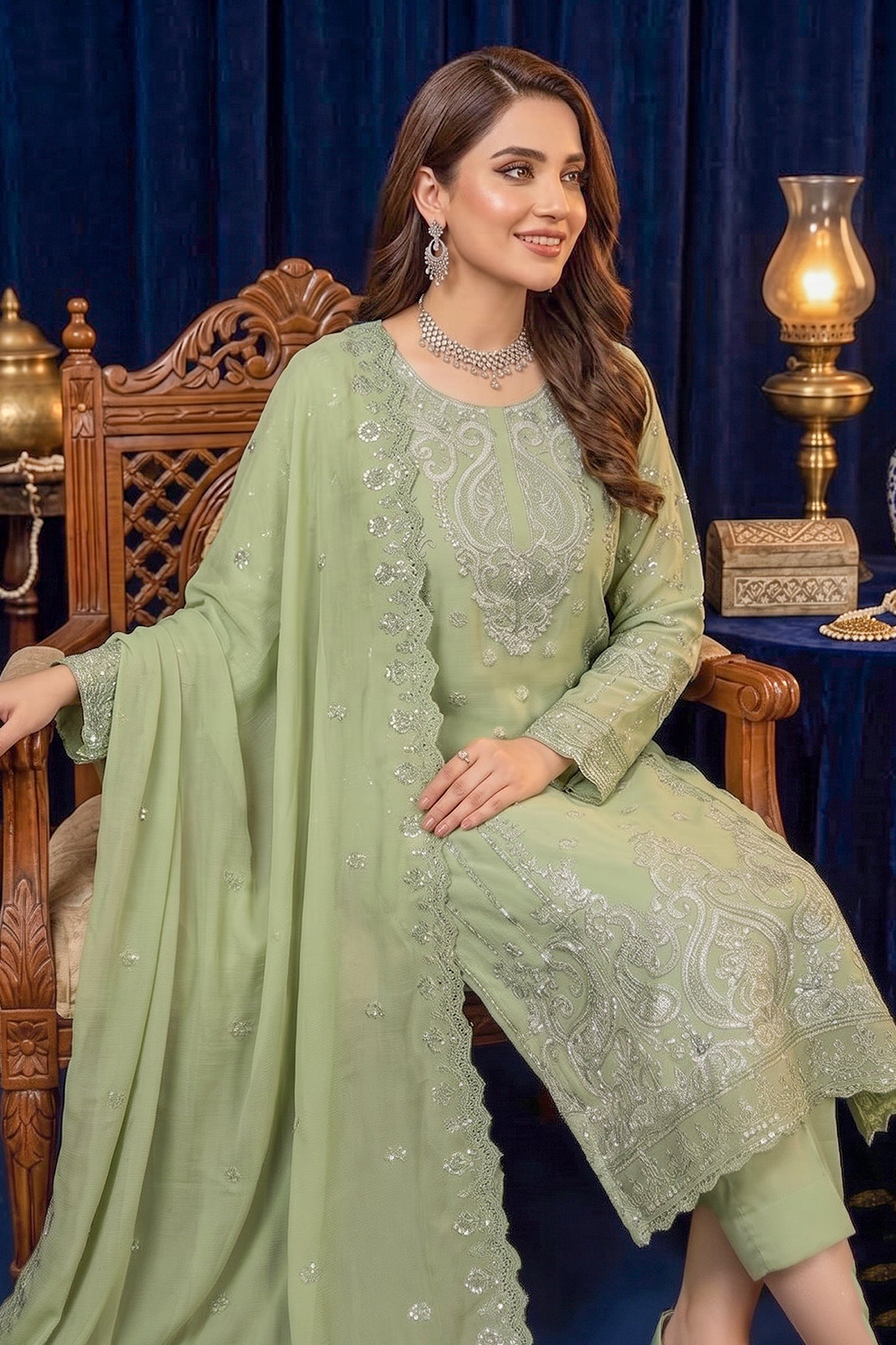 Sage Green Occasion Edit Luxury Embroidered Chiffon 3PC Kurta Set