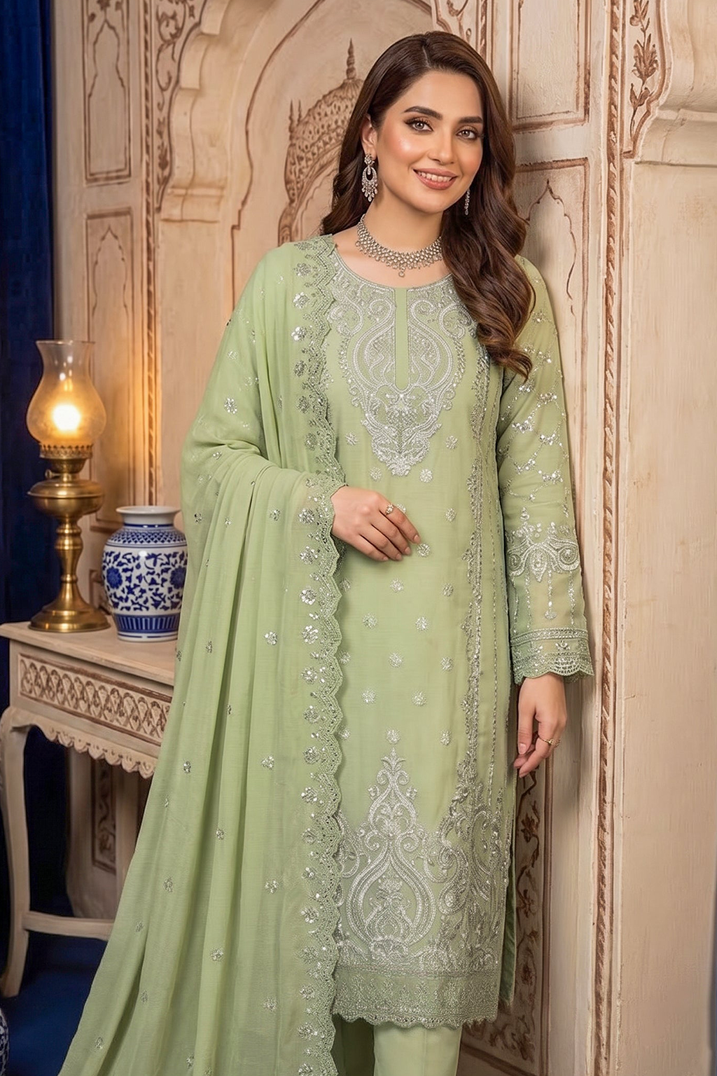 Sage Green Occasion Edit Luxury Embroidered Chiffon 3PC Kurta Set