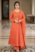 Burnt Orange Luxury Embroidered Formal Maxi Dress with Embroidered Dupatta & Trouser