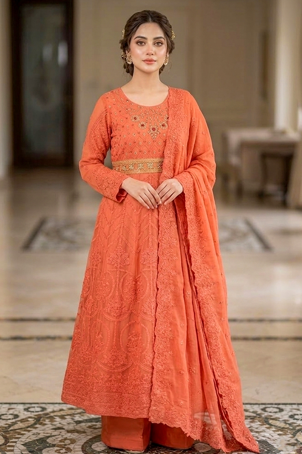 Burnt Orange Luxury Embroidered Formal Maxi Dress with Embroidered Dupatta & Trouser