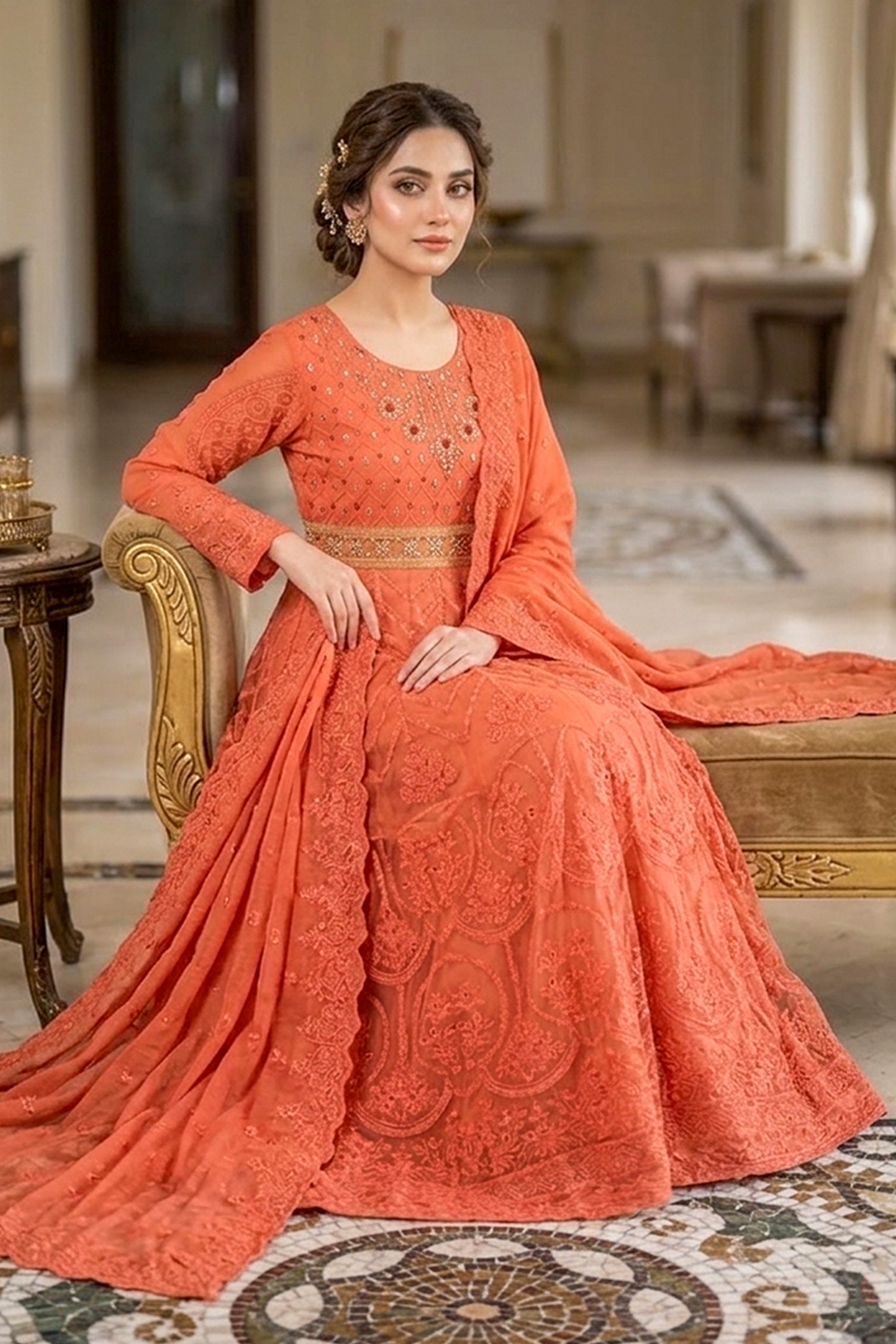 Burnt Orange Luxury Embroidered Formal Maxi Dress with Embroidered Dupatta & Trouser