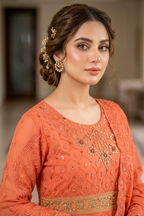 Burnt Orange Luxury Embroidered Formal Maxi Dress with Embroidered Dupatta & Trouser